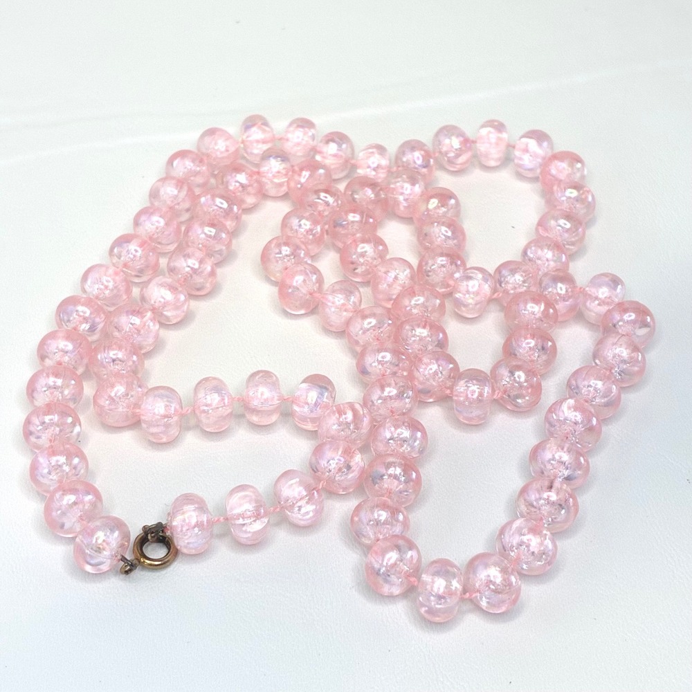 Vintage Necklace Pink Lucite Iridescent Mid Century Retro Acrylic Beads 29"